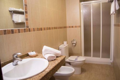 a bathroom with a sink and a toilet at Hotel Restaurante Berlanga in Ronda