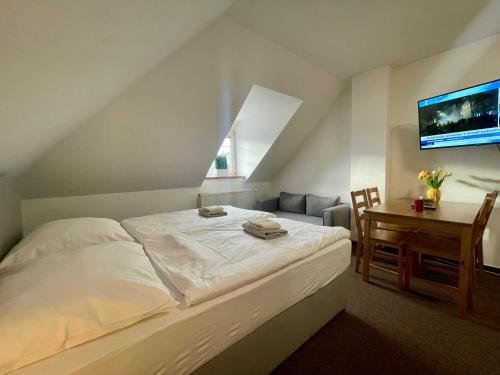 a bedroom with a bed and a desk and a television at Hotel Aldo in Uničov