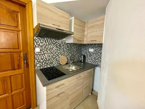 a small kitchen with a sink and a stove at Hotel Aldo in Uničov