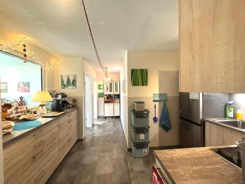 a kitchen with wooden cabinets and a counter top at Chez Svanette B&B Villa Sonnglück in Zullwil