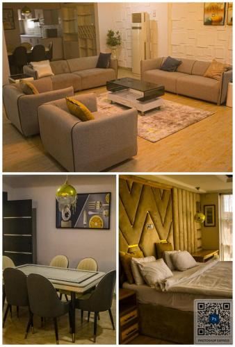 two pictures of a living room and a dining room at Danag Apartments in Port Harcourt