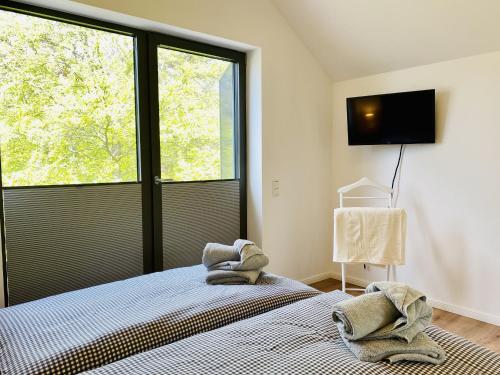 a bedroom with a bed and a large window at Ferienwohnung Ostseewind 10 Parkvillen Carlota und Candela Baabe in Baabe
