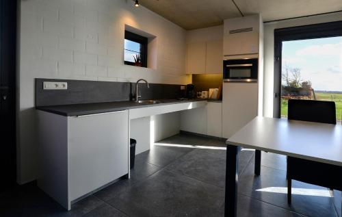 a kitchen with a sink and a table and a window at Hoeve Ten Rooden Duifhuize in Sint-Denijs