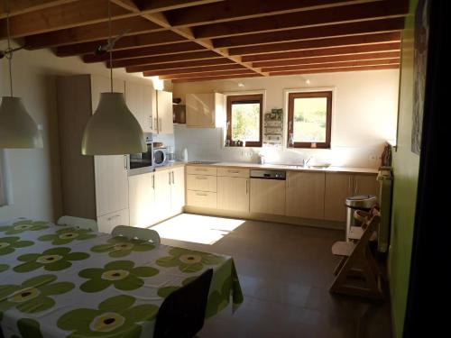 une cuisine avec une table aux motifs verts et blancs dans l'établissement Costebelle B, à La Bréole