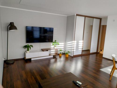 a living room with a flat screen tv on the wall at Lagan Apartament in Będzin