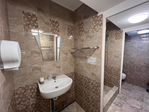 a bathroom with a sink and a shower at Pensiunea Florentina Suceava in Suceava