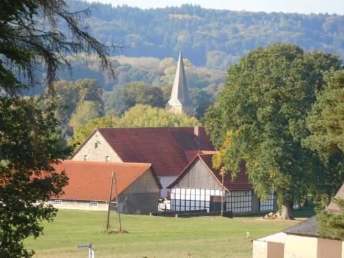 eine Kirche mit einem Kirchturm und einer Kirche in der Unterkunft Ferienwohnung Schau ins Land in Tecklenburg
