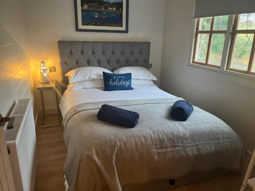 a bedroom with a large bed with blue pillows on it at Caban Y Tan Dderwen with private Wood Fired Hot Tub in Chwilog