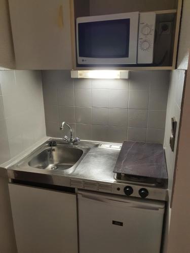 une cuisine avec un évier et un micro-ondes dans l'établissement Studio Cosy, idéalement situé, à Vichy