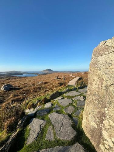 a large rock on a field with a blue sky at Ballinakill Lodge in Moyard