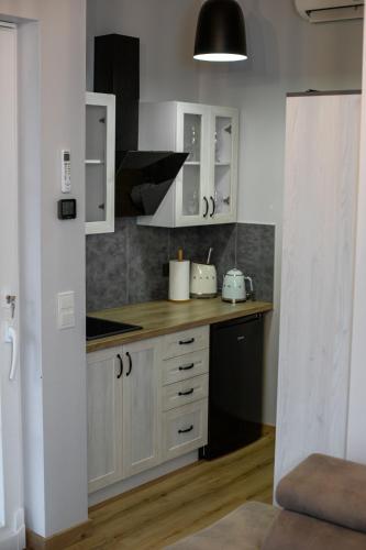 a kitchen with white cabinets and a counter top at Kubilasnamelis in Vigontiškiai