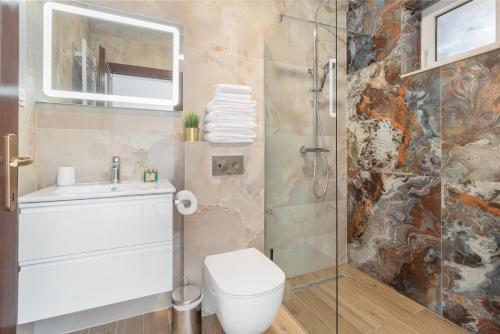 a bathroom with a toilet and a glass shower at Thermalis House, 5 bedrooms in Baile Felix