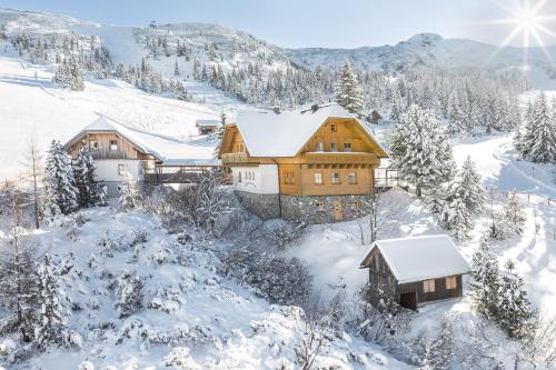 a house on a snowy hill with snow covered trees at Planner Alpenhof in Planneralm