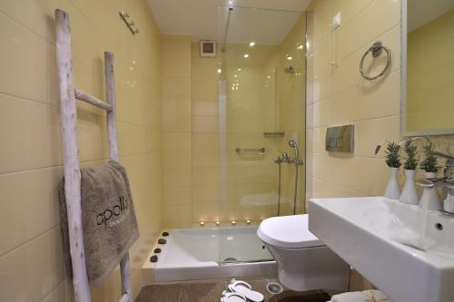 a bathroom with a shower and a sink and a toilet at Apollon Boutique Hotel in Parikia