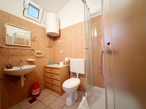een badkamer met toilet, wastafel en douche bij Apartments Tomo in Zaostrog