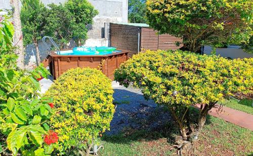 a garden with a table and some bushes at Chambre privée 2 - Case créole Le Mistral,chez Kévin in Saint-André