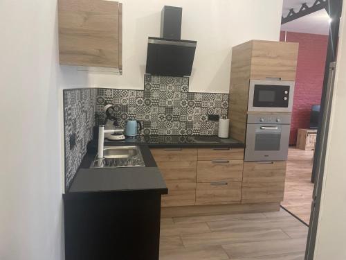 une cuisine avec un évier et une cuisinière dans l'établissement Victor Hugo 2, à Roubaix