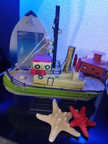 ein Spielzeugboot und ein Seestern auf einem Tisch in der Unterkunft Le Vele in Salerno