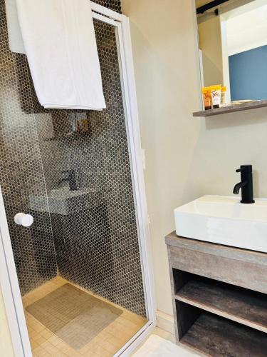 a bathroom with a shower and a sink at Purple Steps Guest House in Kimberley