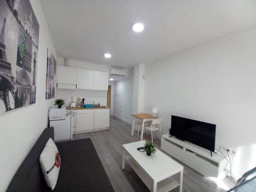 a living room with a couch and a tv and a table at Apartamento n3, a 10 min del aeropuerto in San Fernando de Henares