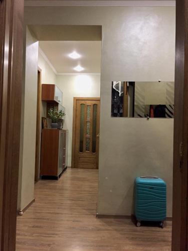 a hallway with a blue suitcase in a room at VIP Квартира Подобово Центр, 2 кімнати, Смарт ТВ, Документи in Rivne