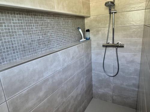 une douche avec pommeau de douche dans une salle de bain dans l'établissement Villa rénovée avec piscine, clim, proche plages et commerces, 6 pers., Les Issambres - FR-1-768-67, à Roquebrune-sur Argens