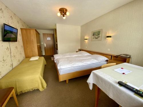 a hotel room with two beds and a tv at Hotel Alpina Parpan in Parpan