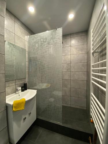 a bathroom with a white sink and a shower at Block Home Apartman in Makó