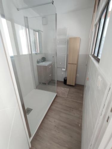 une salle de bain avec une douche en verre et un lavabo dans l'établissement O fil de l'o, à La Bourboule