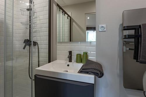 une salle de bain blanche avec un lavabo et une douche dans l'établissement Le Vintage - Studio cosy en hypercentre, à Toulouse
