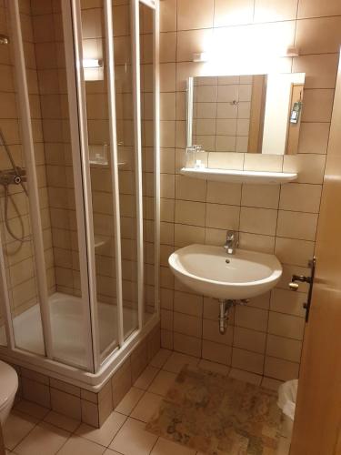 a bathroom with a shower and a sink at Berghotel Türlwand in Ramsau am Dachstein