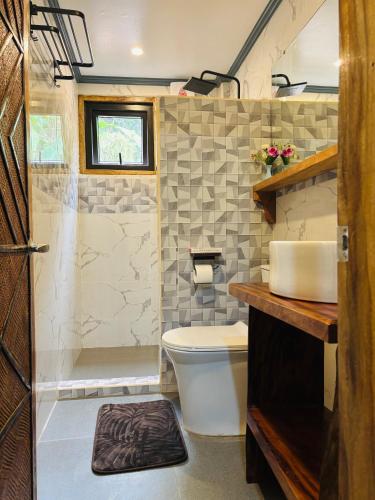 a bathroom with a shower and a toilet and a sink at White Beach Front and Cottages in Buruanga