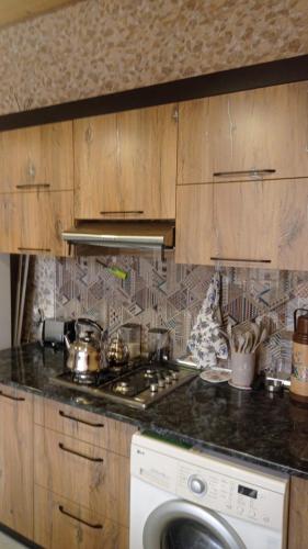 a kitchen with a stove and a washing machine at 40 steps Aframe House in Uçgün