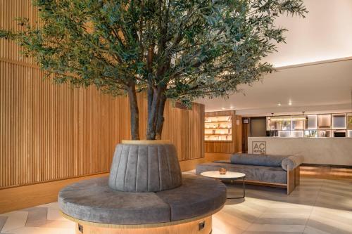 a tree in a large planter in a lobby at AC Hotel Avenida de América by Marriott in Madrid