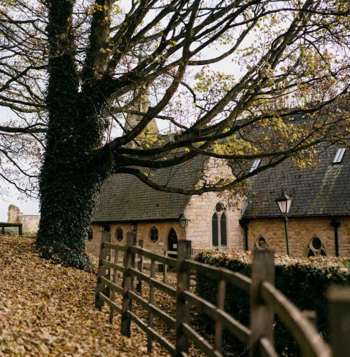 una recinzione di fronte a una chiesa con un albero di The Old Palace Lodge a Lincoln