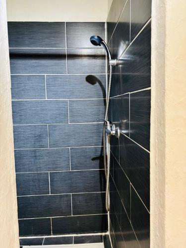 La salle de bains est pourvue d'une douche et de carrelage noir. dans l'établissement Bel appart house proche paris, à Sarcelles