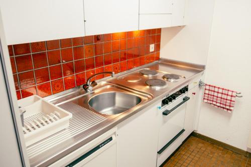 a small kitchen with a sink and a stove at Charming Apartment with Alpine Ambiance in Gstaad