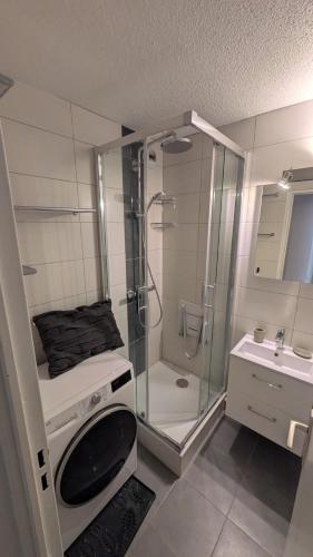 une salle de bain avec douche et machine à laver dans l'établissement L'Oursina, à Chamonix-Mont-Blanc