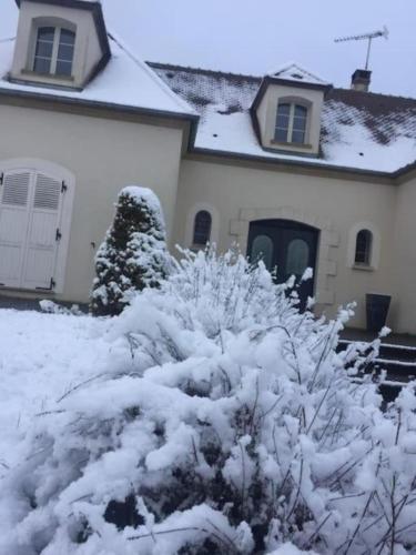 a house with snow on the ground in front of it at Villa 320m2 a 1h30 de Paris in Montcresson