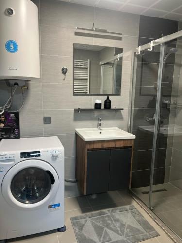 a bathroom with a washing machine and a sink at Amelie's Apartment 1 in Skopje