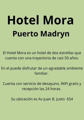 um cartaz para um hotel moreza puerto madryn em HotelMora em Puerto Madryn