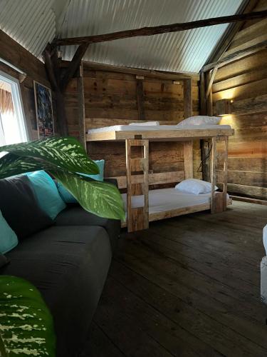 a room with two bunk beds in a cabin at Buena Onda Surf House in León
