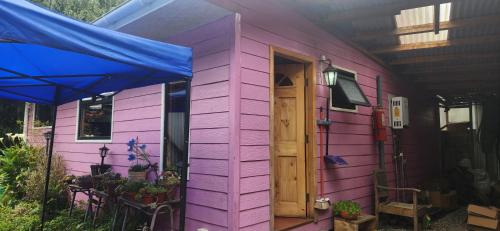 a pink house with a wooden door and an umbrella at Cabañas Acayan in Puerto Cisnes