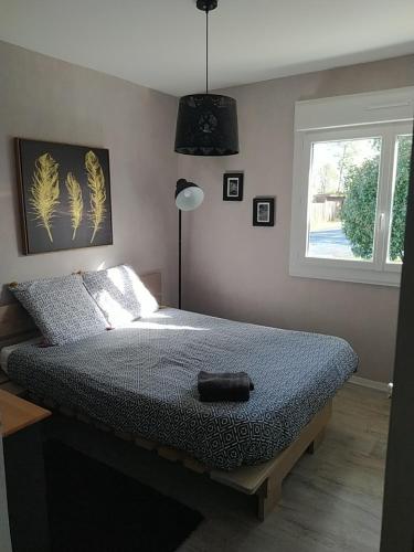 - une chambre avec un lit doté d'un sac noir dans l'établissement maison lacanau, à Lacanau