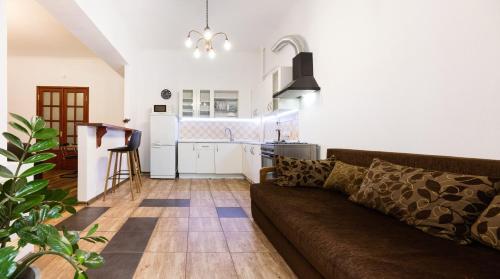 a living room with a couch and a kitchen at Kyiv Khreschatyk 27 Apartment in Kyiv