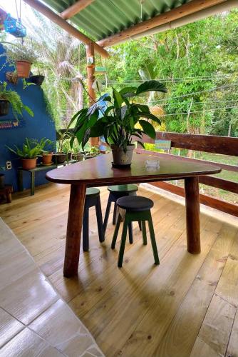 a wooden table with a potted plant on a patio at Pousada Maravilha in Itacaré