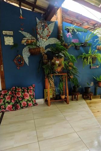 a room filled with lots of plants on a blue wall at Pousada Maravilha in Itacaré