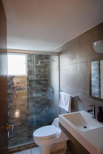 a bathroom with a toilet and a shower and a sink at Bonitos departamentos frente a la Expo Guadalajara in Guadalajara