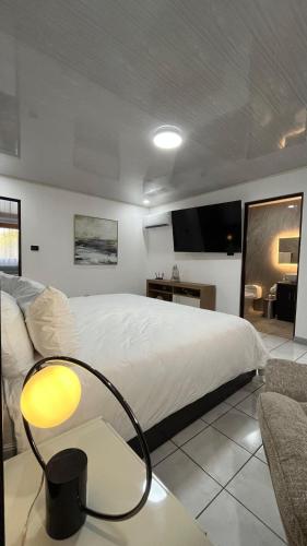 a bedroom with a bed and a table with a lamp at Hotel del Sur in San Isidro