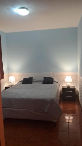 a bedroom with a large bed and two lamps at Hostel la nueva posada in Montevideo